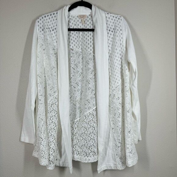 Logo By Lori Goldstein White Mixed Lace Patchwork Cardigan Open Front Large - Picture 1 of 7
